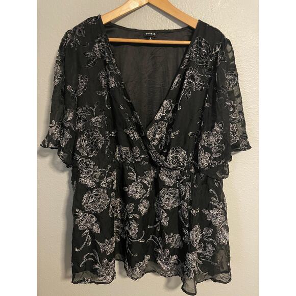 Torrid Blouse Womens 4X Black White Floral Surplice Top Velvet Burnout Artsy - Picture 1 of 8